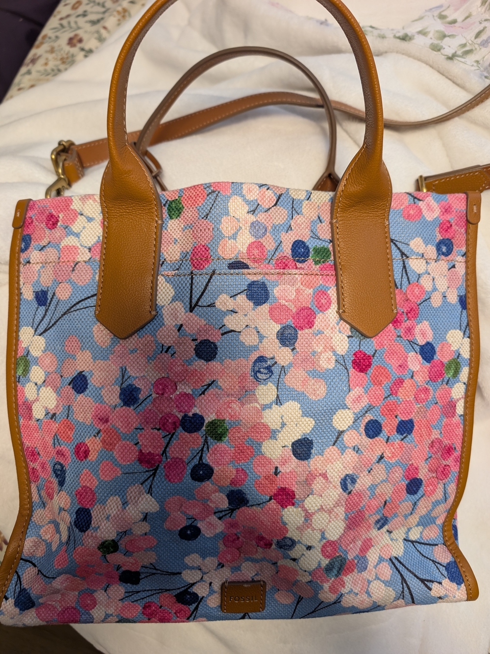 Fossil Floral Canvas Tote Bag in Blue and Pink